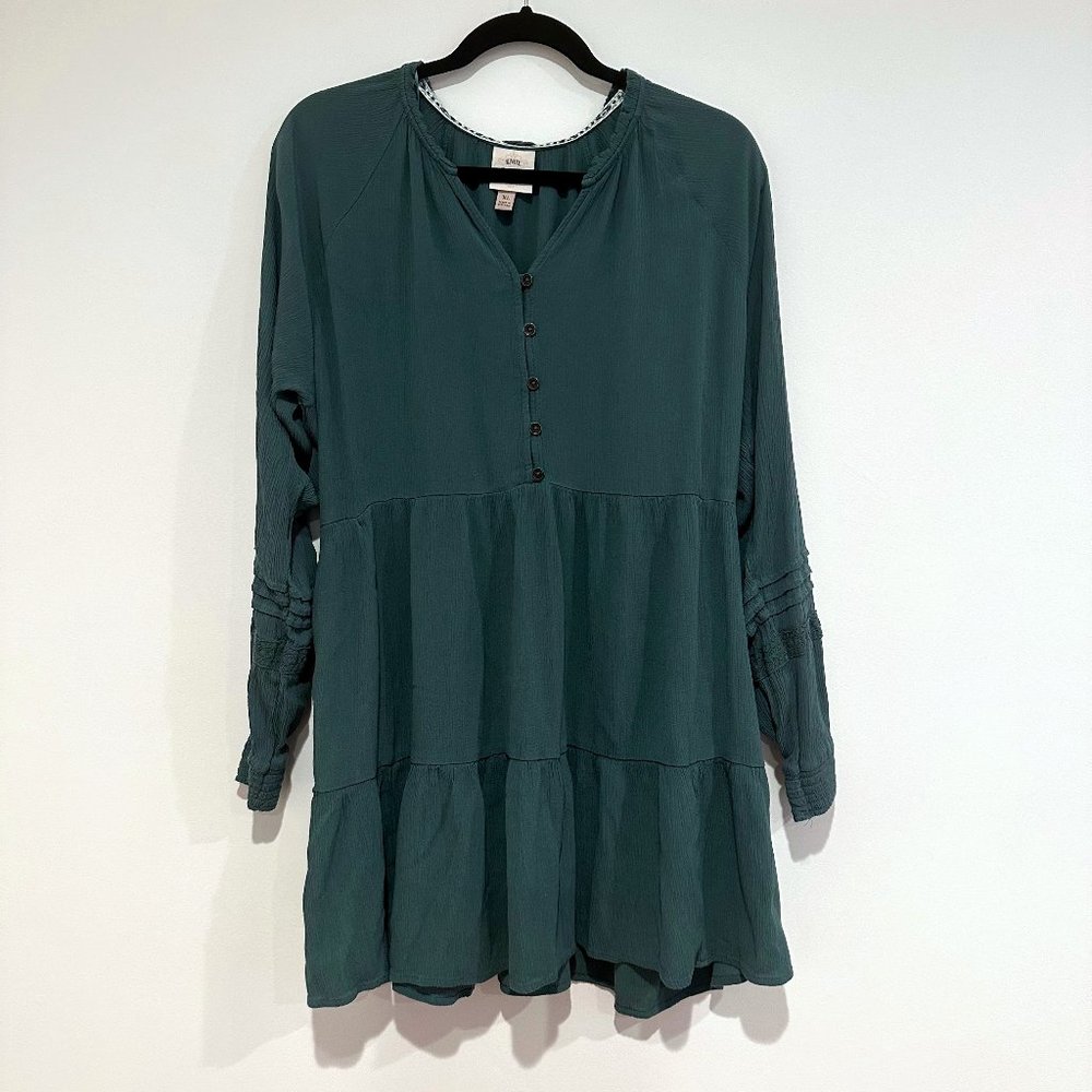 Knox Rose, Flowy Ruffled Bohemian Long-Sleeve Green Dress with Buttons, Size XL